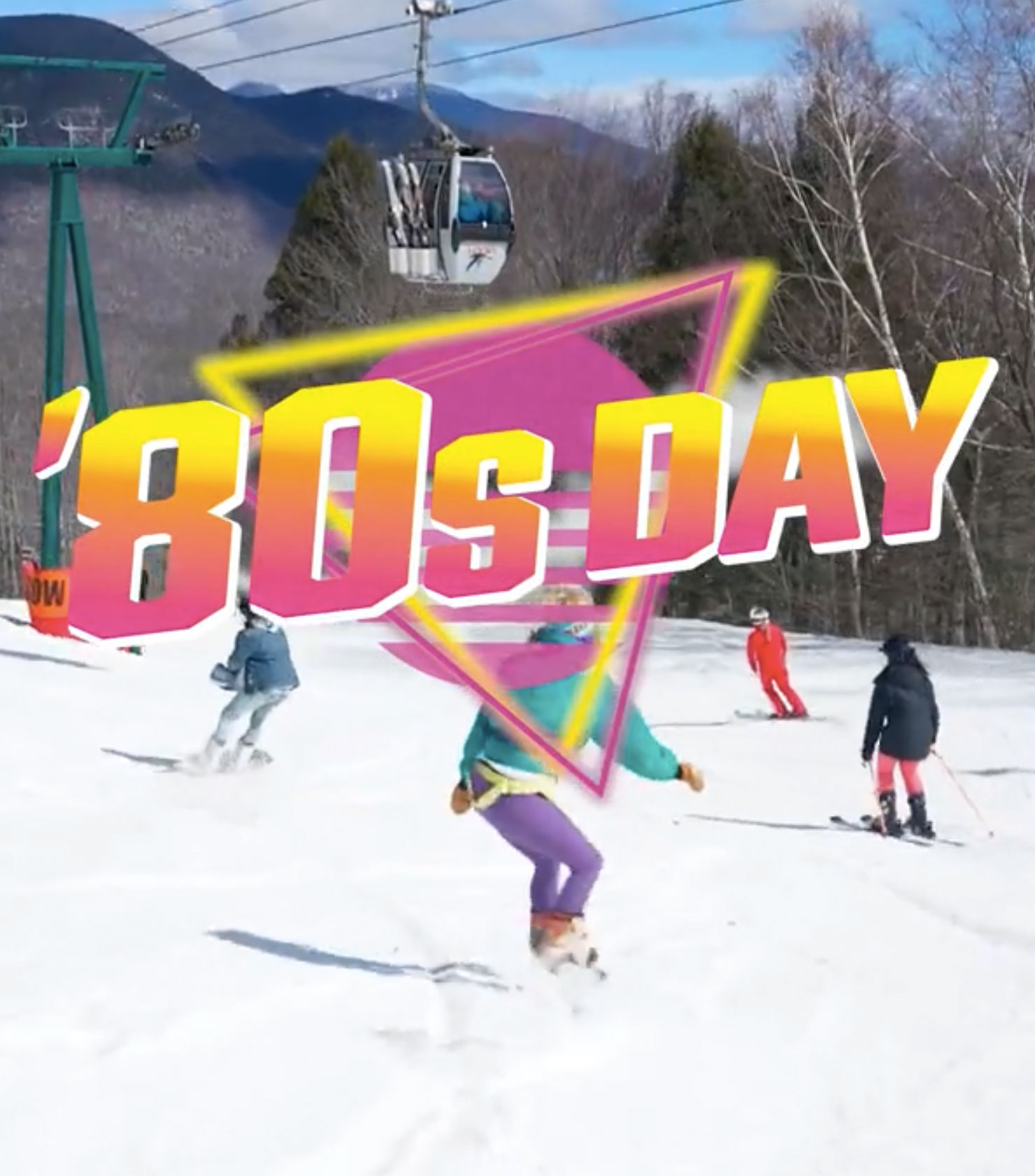 Skiers dressed in the style of the 1980s skiing on the slopes at 80s Day at Loon Mountain